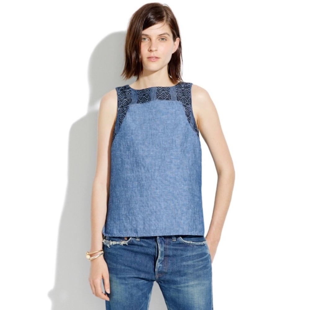 Madewell Indigo Linen Embroidery Tank